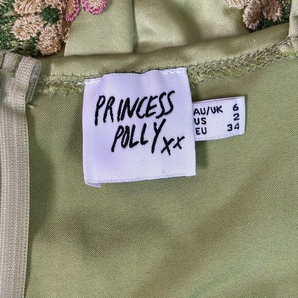 Princess Polly Kenzie Green Satin Mini Dress Size 2 Floral Embroidered Underwire - Picture 11 of 15